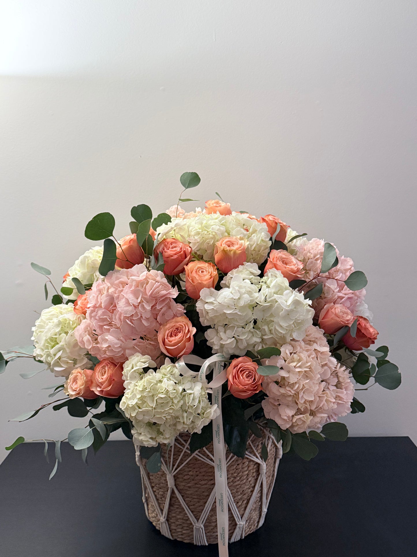 Hydrangea, Lisianthus & Magenta Rose Garden Basket