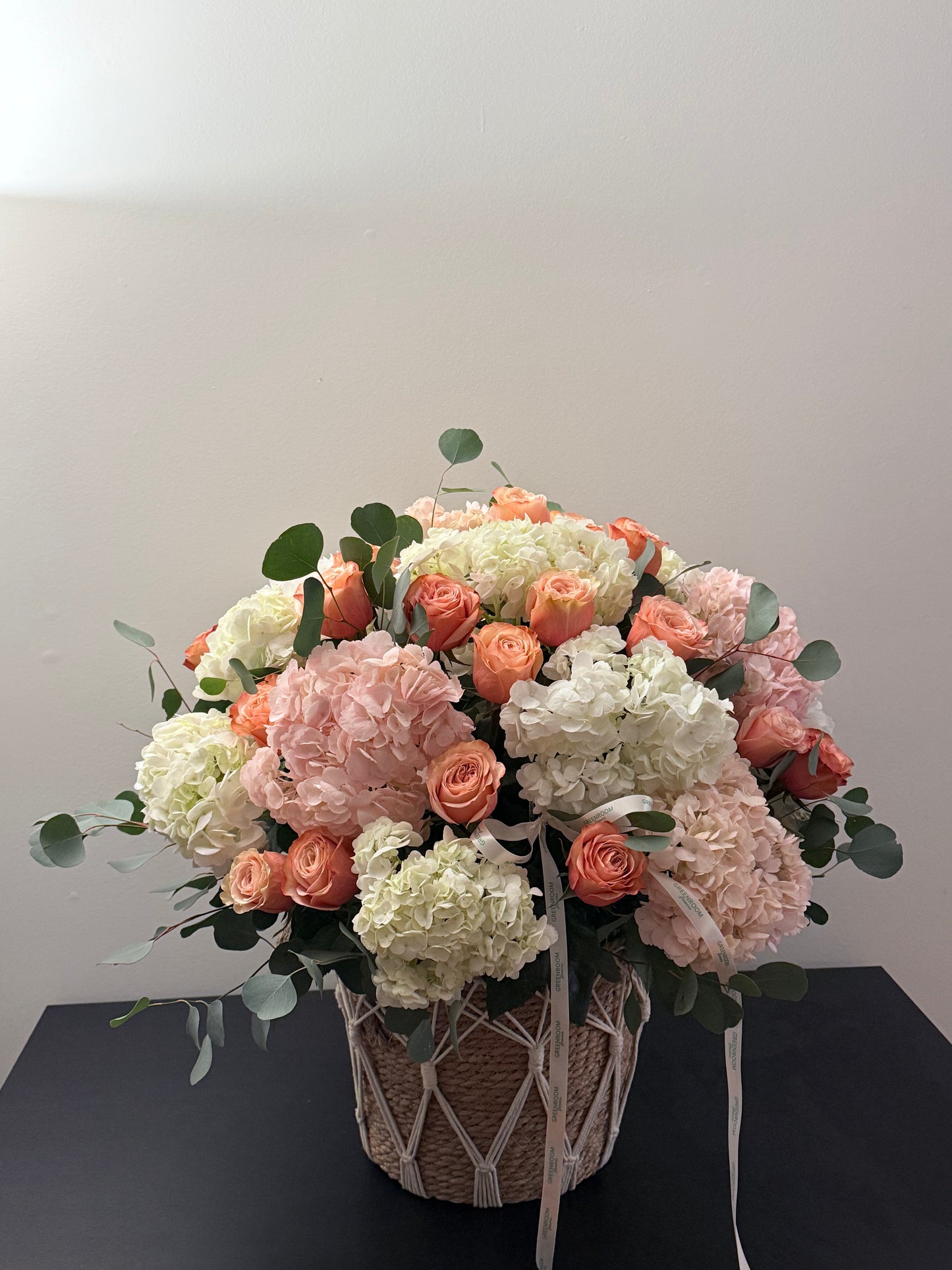 Hydrangea, Lisianthus & Magenta Rose Garden Basket