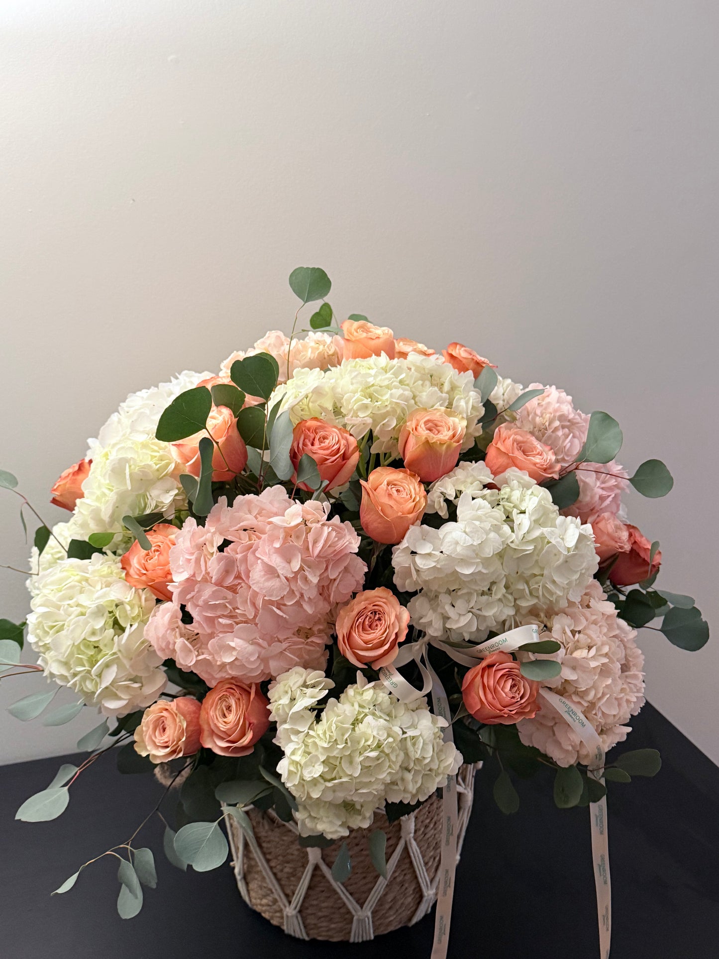 Hydrangea, Lisianthus & Magenta Rose Garden Basket