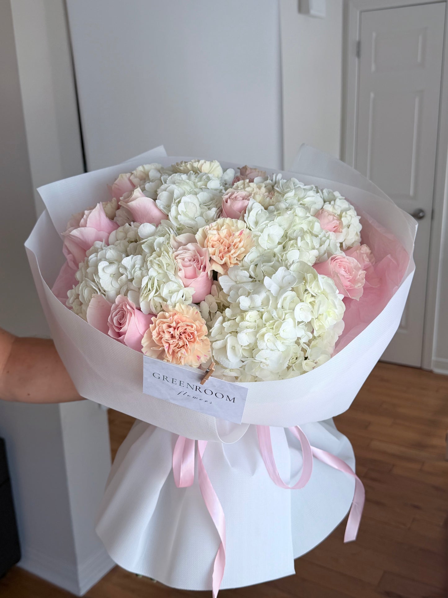 White Hydrangea & Pink Rose Bouquet