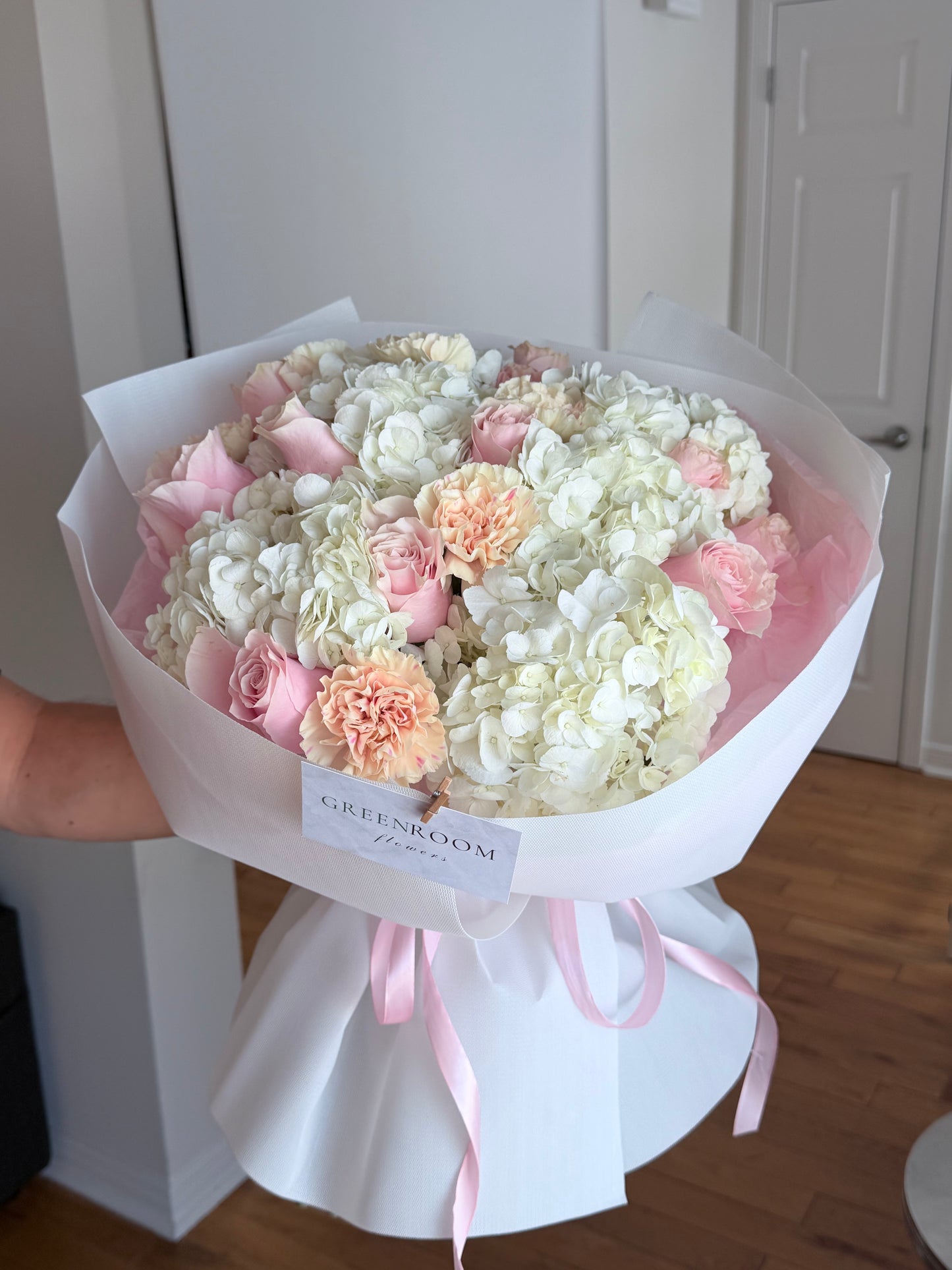 White Hydrangea & Pink Rose Bouquet