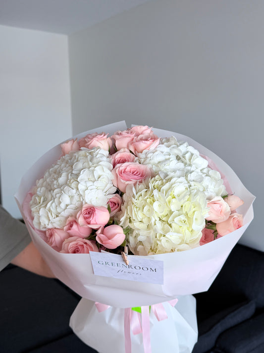 White Hydrangea & Pink Spray Rose Bouquet