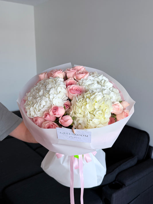 White Hydrangea & Pink Spray Rose Bouquet