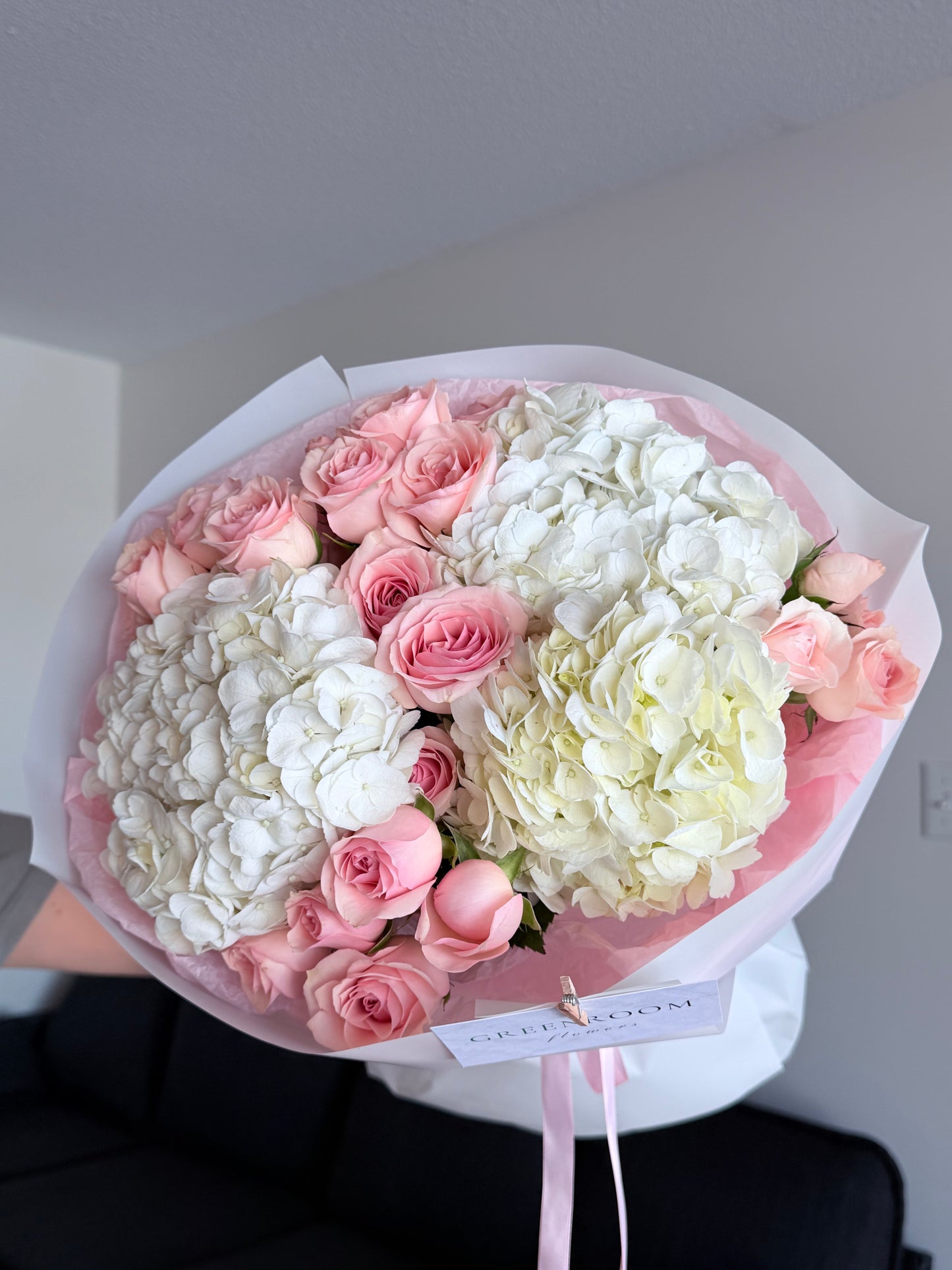 White Hydrangea & Pink Spray Rose Bouquet