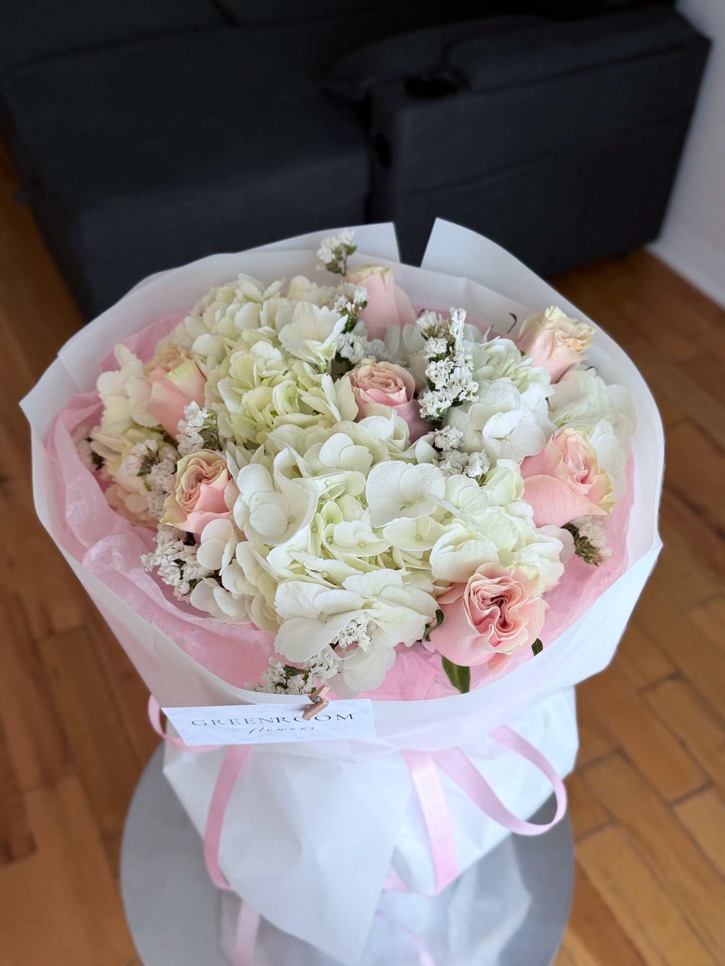 White Hydrangea & Blush Rose Bouquet