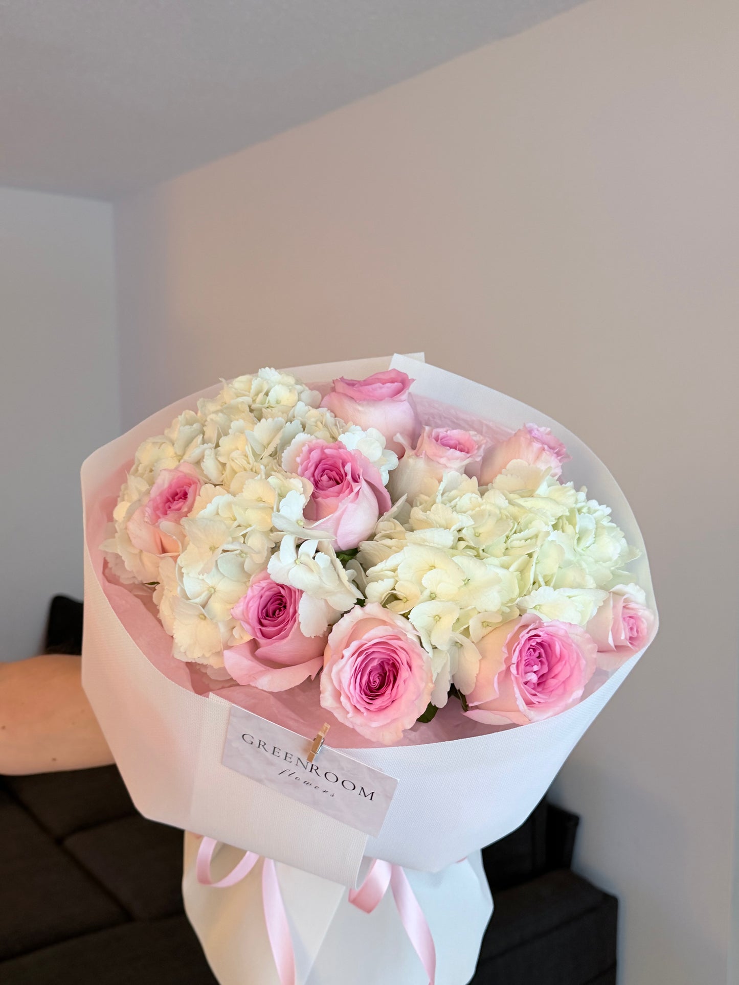 Pink Rose & White Hydrangea Bouquet