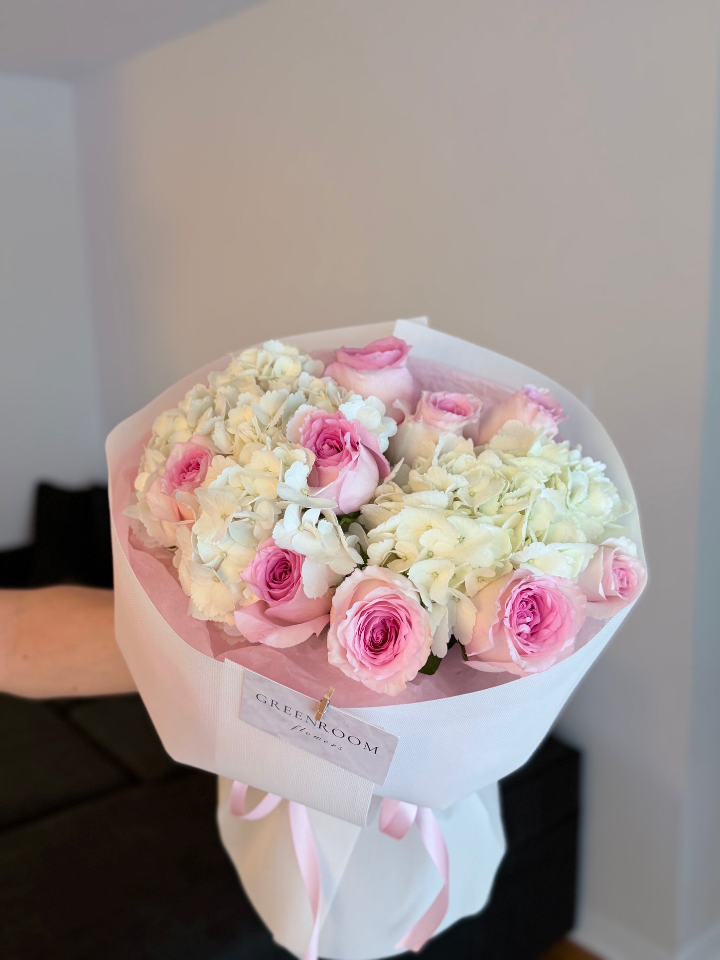 Pink Rose & White Hydrangea Bouquet
